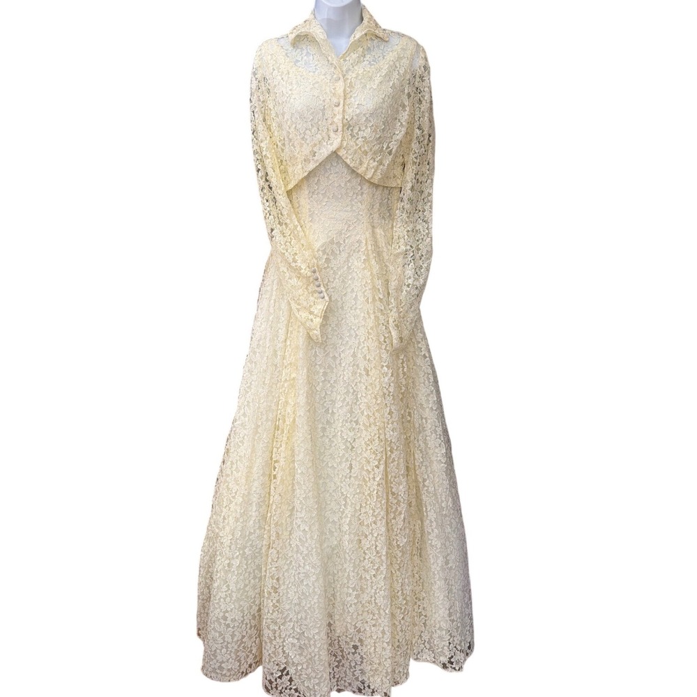 Vintage 1960s Ivory Lace Gown Bolero Set Bridal Romantic Coquette Formal MCM
